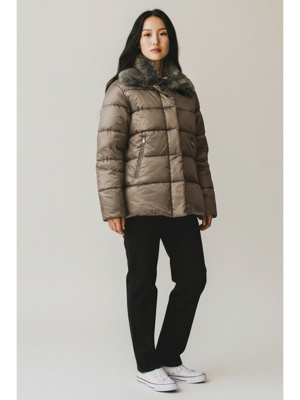 Farm Rio Women's Puffer Jacket Faux Fur Collar Brown Size Large New with Tag